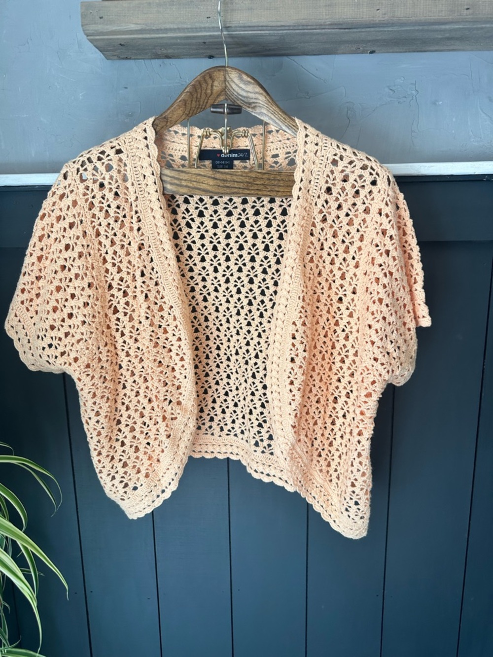 Crochet Open Front Short Sleeve Cardigan Sweater in Lovely Peach 3X